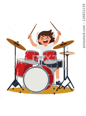 Boy playing red drum set with cymbals and drumsticks energetic expression vector illustration 126652239