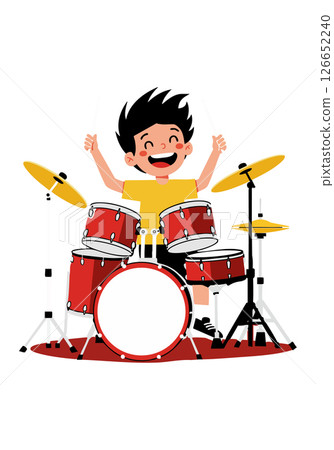 Boy playing red drum set with cymbals and sticks vector illustration cheerful music scene 126652240