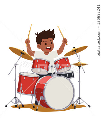 Boy playing red drum set with drumsticks musical instrument vector illustration Boy playing red drum set with drumsticks musical instrument vector illustration 126652241