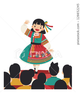 Girl performing traditional dance in colorful folk costume on stage with audience watching 126652245