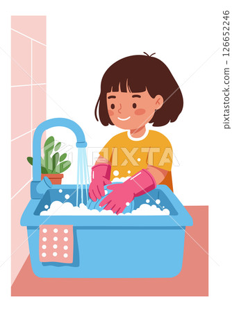 Child washing dishes in blue sink with pink gloves and yellow shirt vector illustration Child washing dishes in blue sink with pink gloves and yellow shirt vector illustration 126652246