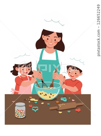 Mother and children baking cookies together in kitchen with pastel colours and happy expressions Mother and children baking cookies together in kitchen with pastel colours and happy expressions 126652249