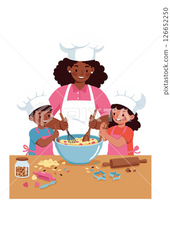 Woman and children cooking together baking cookies family kitchen scene vector Woman and children cooking together baking cookies family kitchen scene vector 126652250