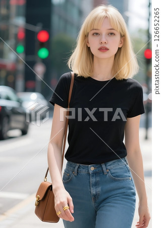 A woman walking in the city 126652265