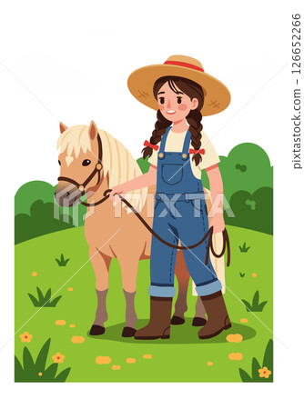 Girl in denim overalls holding horse on green grass field with yellow flowers vector illustration 126652266