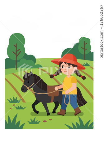 Girl walking with black pony horse in green farm field natural outdoor scene 126652267