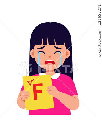 Crying girl holding failed exam paper with grade F in pink shirt vector illustration Crying girl holding failed exam paper with grade F in pink shirt vector illustration 126652271