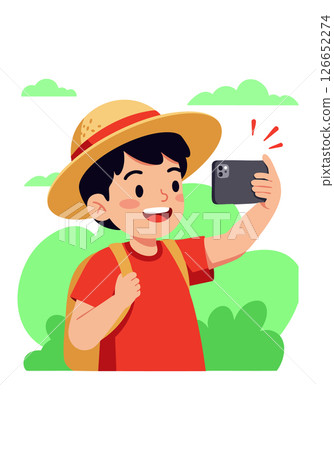 Child taking selfie with smartphone wearing hat and backpack outdoor vector illustration Child taking selfie with smartphone wearing hat and backpack outdoor vector illustration 126652274