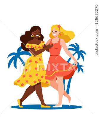 Two women dancing with floral dress and tropical palm tree background vector illustration 126652276