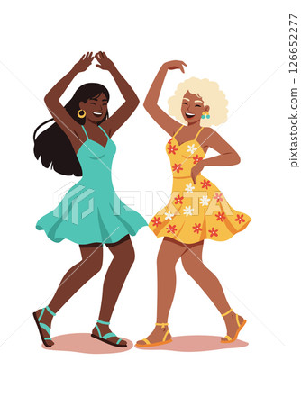 Two young women dancing in summer dresses with floral and plain patterns cheerful energy 126652277