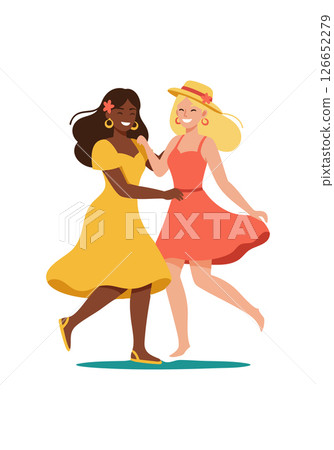 Two women dancing joyfully in summer dresses with hat and earrings vector illustration Two women dancing joyfully in summer dresses with hat and earrings vector illustration 126652279
