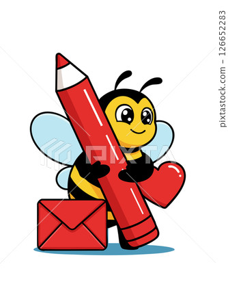 Cute bee holding red pencil with heart and envelope vector illustration 126652283
