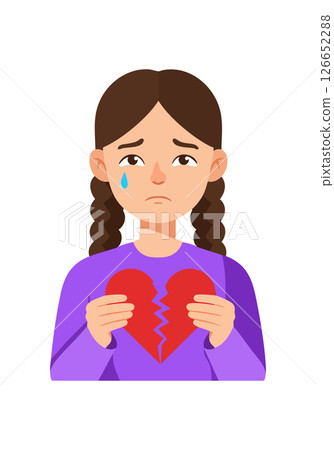 Sad girl holding broken heart crying emotional vector illustration portrait Sad girl holding broken heart crying emotional vector illustration portrait 126652288