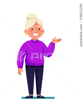 Elderly woman character with white hair and purple sweater vector illustration Elderly woman character with white hair and purple sweater vector illustration 126652289