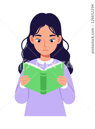 Girl Reading Green Book with Focused Expression in Vector Illustration Girl Reading Green Book with Focused Expression in Vector Illustration 126652294