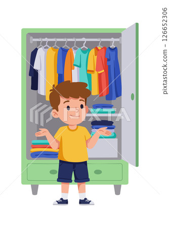 Boy Standing in Front of Open Wardrobe with Clothes Hanging and Folded Clothes Vector Illustration Boy Standing in Front of Open Wardrobe with Clothes Hanging and Folded Clothes Vector Illustration 126652306