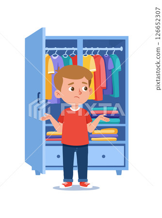 Confused child standing in front of open wardrobe with colorful clothes vector illustration 126652307