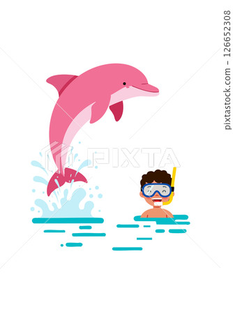 Pink dolphin jumping near snorkeler in water with splashes vector illustration Pink dolphin jumping near snorkeler in water with splashes vector illustration 126652308