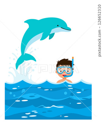 Dolphin jumping over snorkeler in blue ocean waves vector illustration 126652310