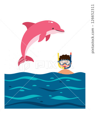 Pink dolphin jumping over snorkeler in blue water ocean wildlife vector illustration Pink dolphin jumping over snorkeler in blue water ocean wildlife vector illustration 126652311