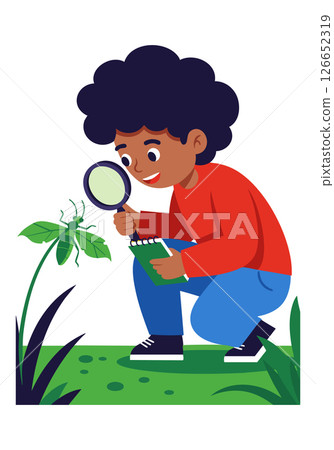 Boy examining green insect with magnifying glass outdoor nature exploration vector 126652319