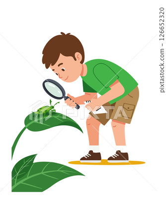 Boy examining green insect on leaf with magnifying glass outdoor exploration 126652320