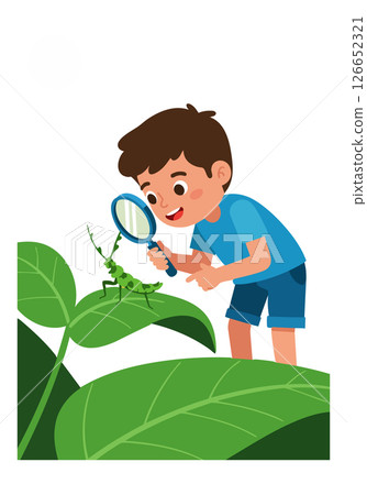 Boy examining green insect on large leaves with magnifying glass vector illustration 126652321