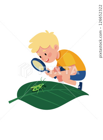 Boy examining green insect on leaf with magnifying glass vector illustration 126652322