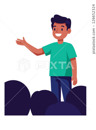 Young boy smiling and gesturing with hand in casual outfit vector illustration Young boy smiling and gesturing with hand in casual outfit vector illustration 126652324