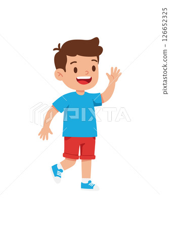 Happy young boy waving hand in blue shirt and red shorts vector illustration Happy young boy waving hand in blue shirt and red shorts vector illustration 126652325