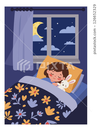 Child sleeping peacefully with stuffed bunny under floral blanket at night vector illustration 126652329
