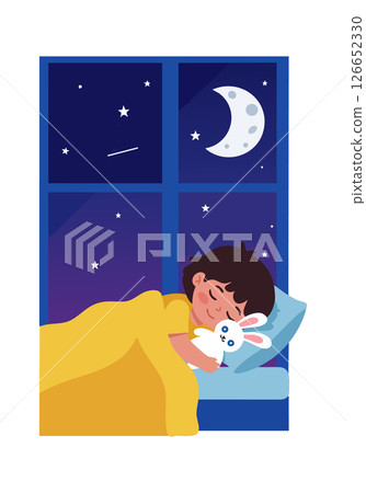 Child sleeping at night holding stuffed bunny under moon and stars window vector illustration Child sleeping at night holding stuffed bunny under moon and stars window vector illustration 126652330