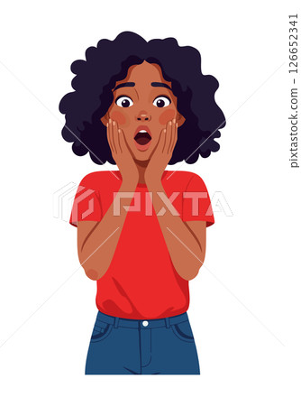 Surprised young woman with curly hair wearing red shirt and blue jeans vector illustration Surprised young woman with curly hair wearing red shirt and blue jeans vector illustration 126652341