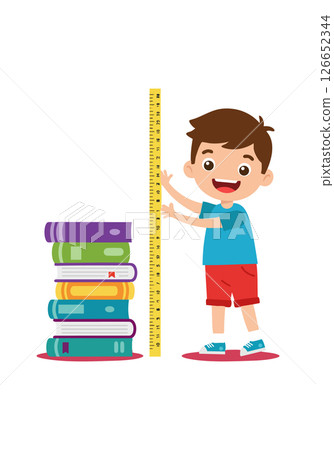 Boy Measuring Height with Ruler Next to Stack of Books Education Growth Concept Boy Measuring Height with Ruler Next to Stack of Books Education Growth Concept 126652344