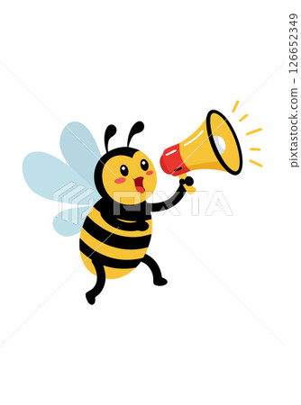 Cute bee holding megaphone cartoon vector illustration with yellow and black stripes Cute bee holding megaphone cartoon vector illustration with yellow and black stripes 126652349