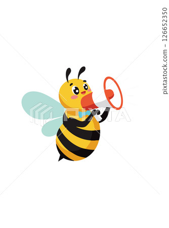 Cartoon bee holding megaphone vector illustration with yellow and black stripes Cartoon bee holding megaphone vector illustration with yellow and black stripes 126652350