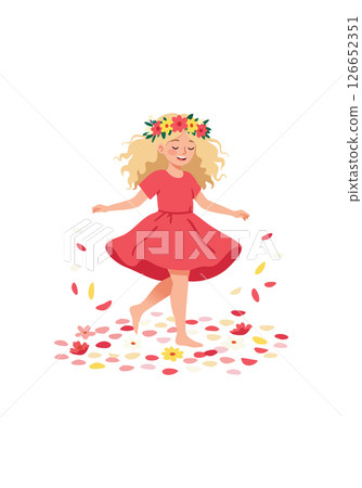 Girl dancing happily in red dress with flower crown on white background vector illustration 126652351