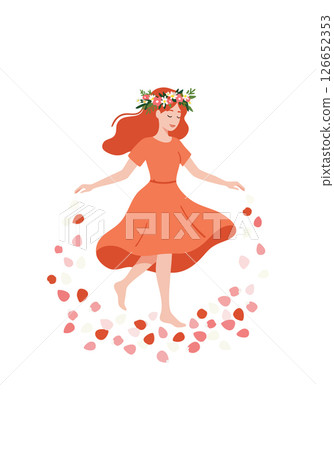 Girl in orange dress dancing with floral crown and petals in circle vector illustration 126652353
