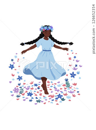 Young girl dancing in blue dress with flower crown surrounded by colorful blossoms vector illustration 126652354