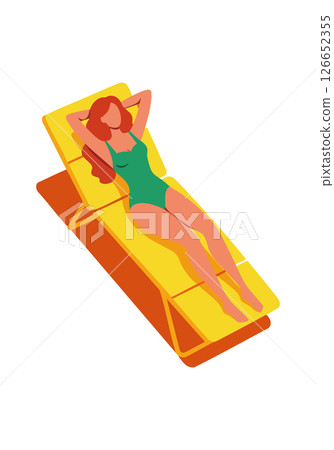 Woman Relaxing on Yellow Lounge Chair Wearing Green Swimsuit Summer Leisure Vector Woman Relaxing on Yellow Lounge Chair Wearing Green Swimsuit Summer Leisure Vector 126652355