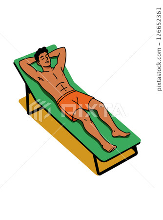 Man Relaxing on Green Sun Lounger Wearing Orange Shorts Vector Illustration 126652361