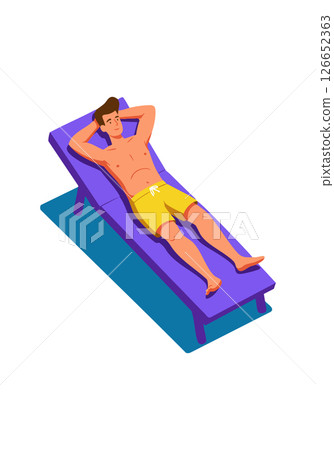 Man Relaxing on Purple Sun Lounger Wearing Yellow Shorts Vector Illustration 126652363