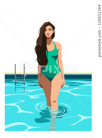 Woman in green swimsuit walking in pool water summer lifestyle vector illustration Woman in green swimsuit walking in pool water summer lifestyle vector illustration 126652364