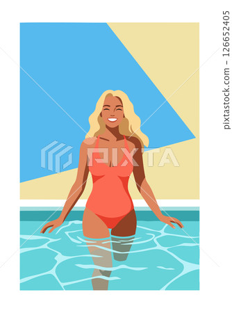 Woman in Red Swimsuit Enjoying Swimming Pool Water Lifestyle Summer Scene 126652405