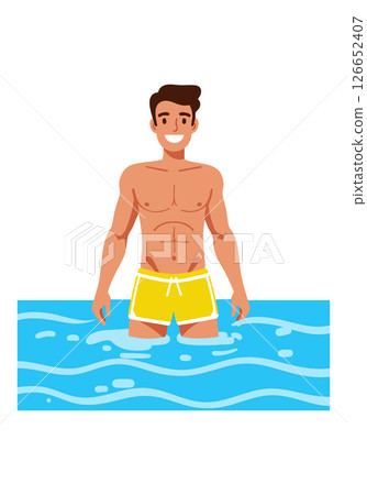 Man enjoying summer swim in yellow shorts standing waist deep in water vector illustration Man enjoying summer swim in yellow shorts standing waist deep in water vector illustration 126652407