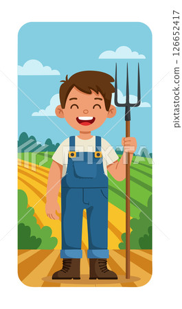 Young farmer holding pitchfork standing on farmland with blue sky and clouds vector illustration Young farmer holding pitchfork standing on farmland with blue sky and clouds vector illustration 126652417