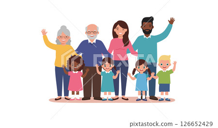 Diverse multigenerational family together waving hands in casual clothing vector illustration 126652429