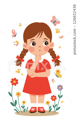 Little girl in red dress standing with butterflies and flowers vector illustration Little girl in red dress standing with butterflies and flowers vector illustration 126652436