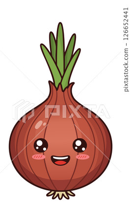 Cute happy onion vegetable character with green leaves and smiling face vector illustration 126652441