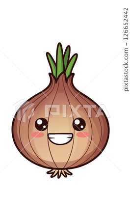 Cute smiling onion vegetable cartoon character illustration with green shoots vector Cute smiling onion vegetable cartoon character illustration with green shoots vector 126652442